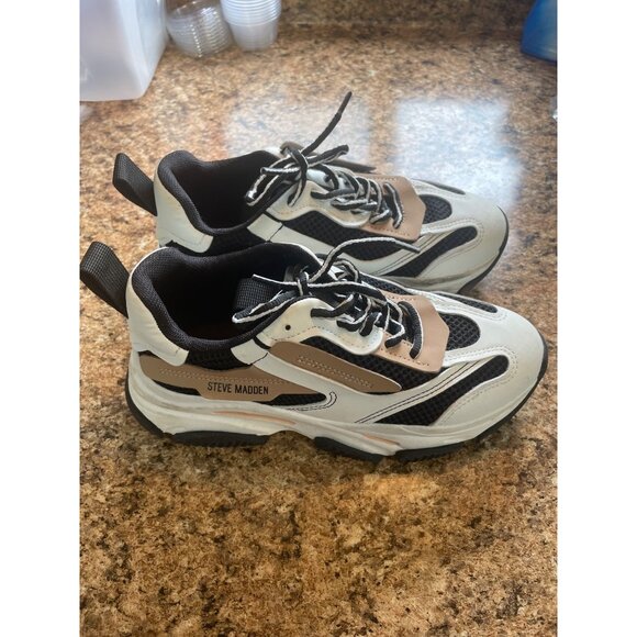 Steve Madden boys Vintage Style Sneakers Size 2 M Black/White/Brown Mesh & Synth - Picture 2 of 12
